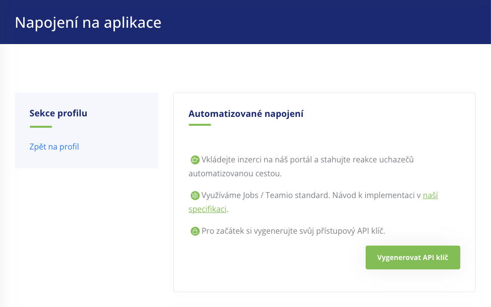 Propojení API klíč